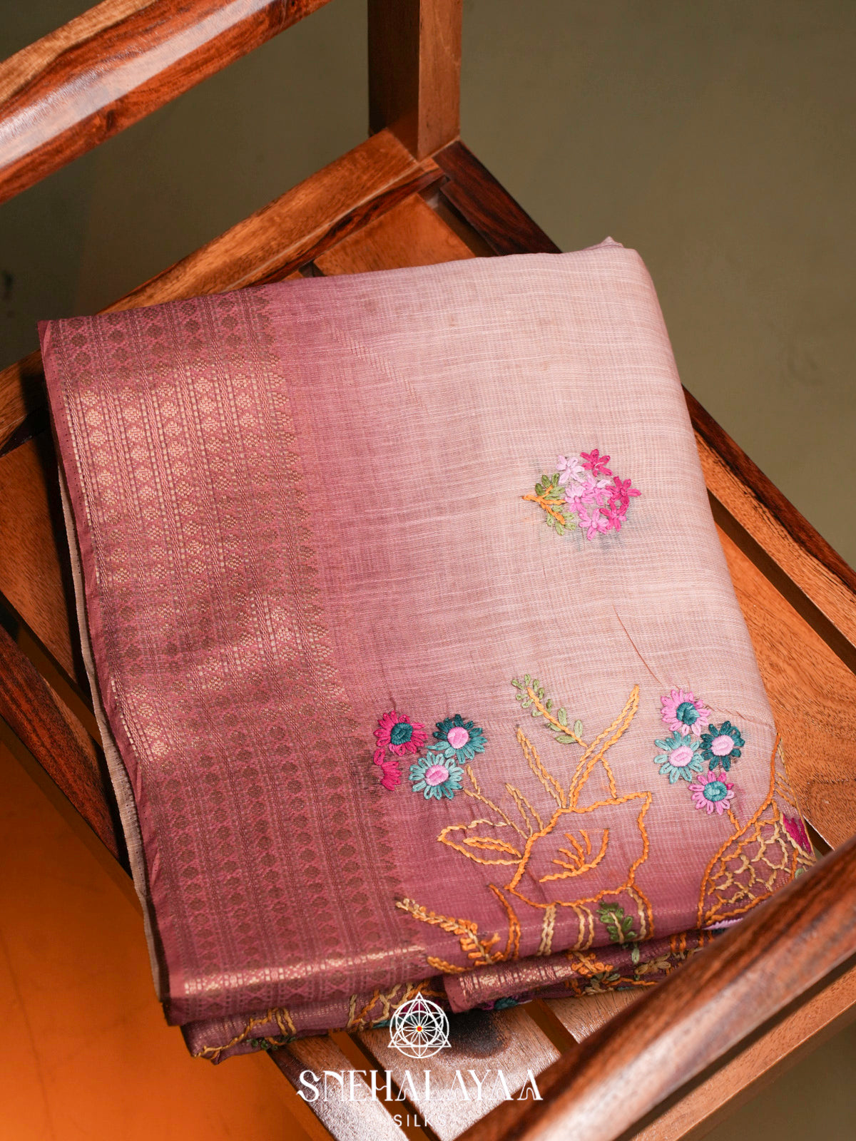 Dusty Pink Linen Embroidery Saree
