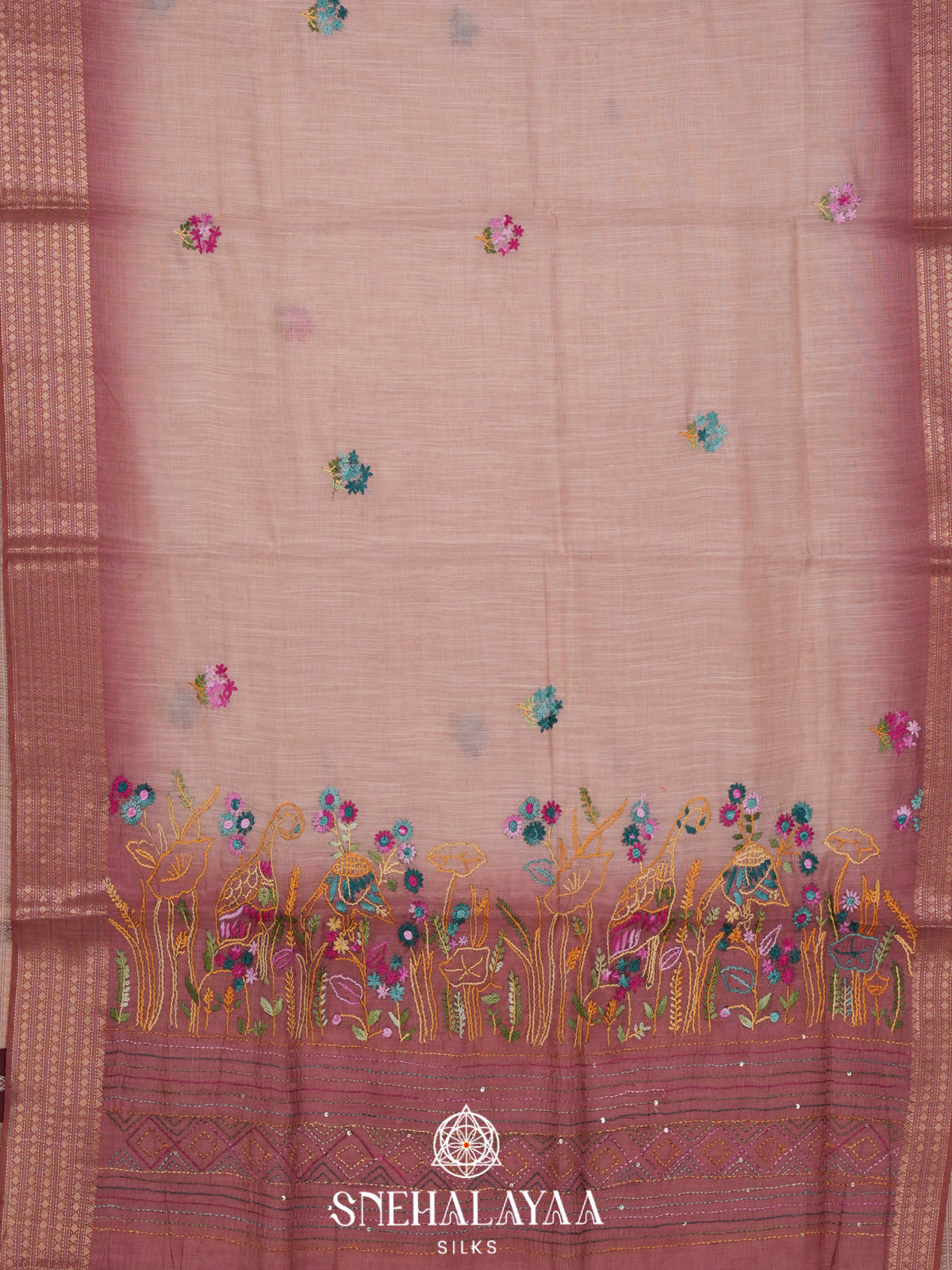 Dusty Pink Linen Embroidery Saree