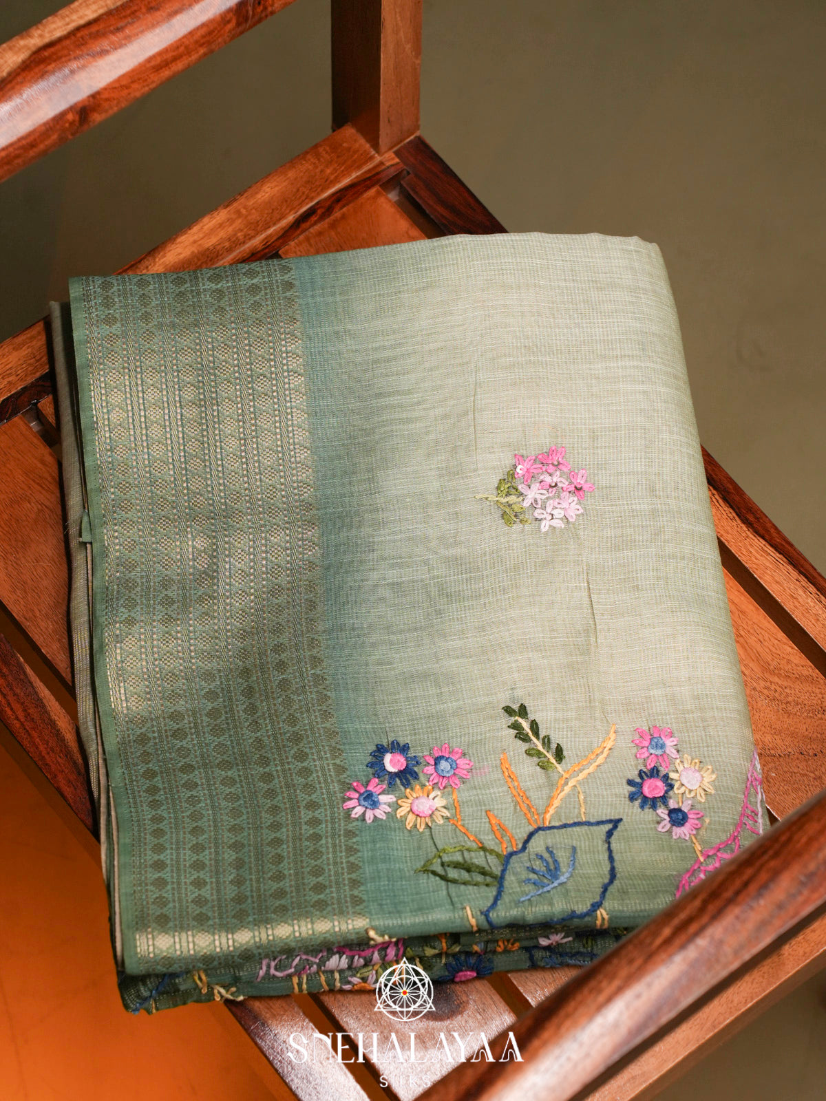 Sage Green Linen Embroidery Saree