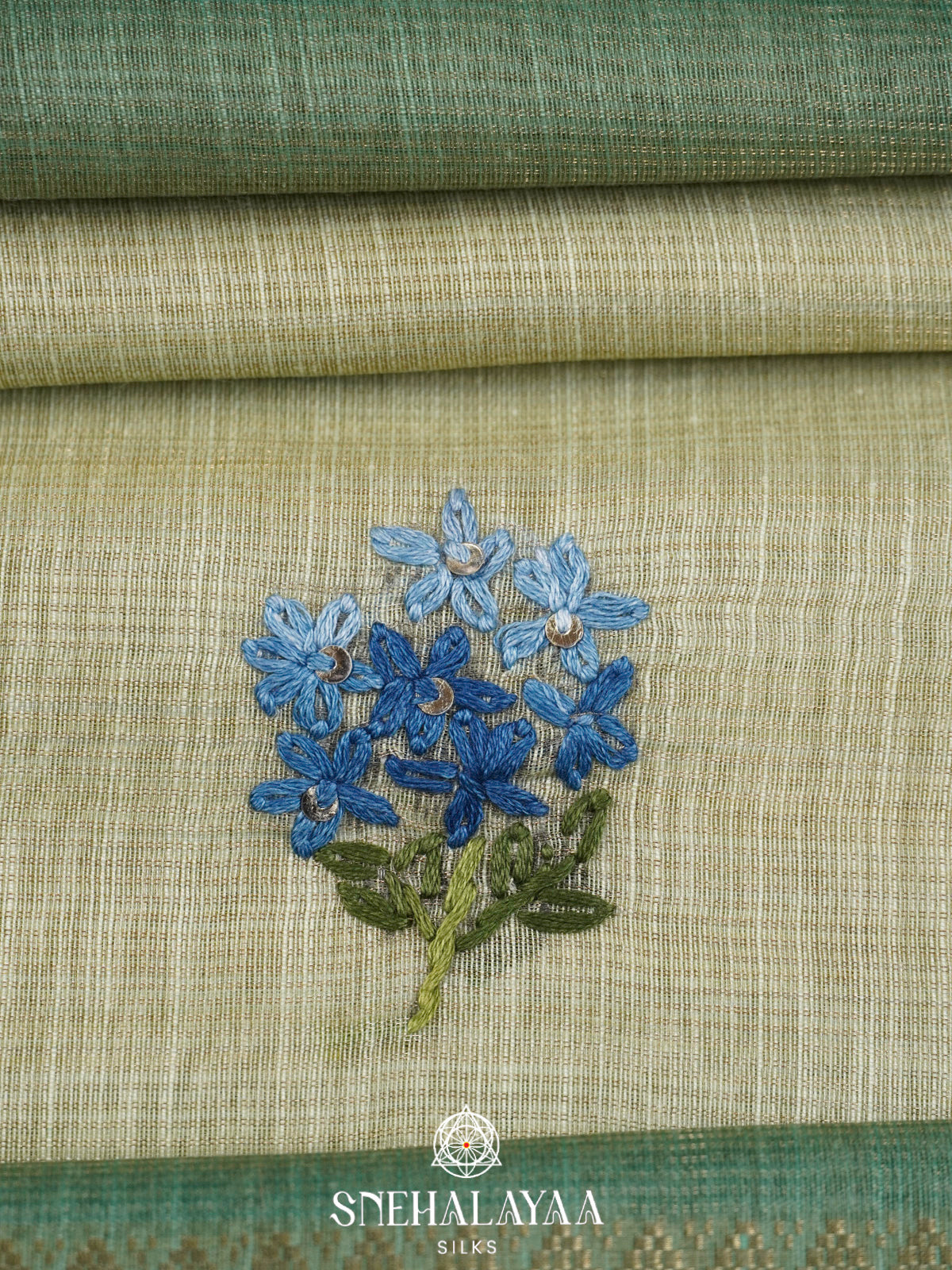 Sage Green Linen Embroidery Saree