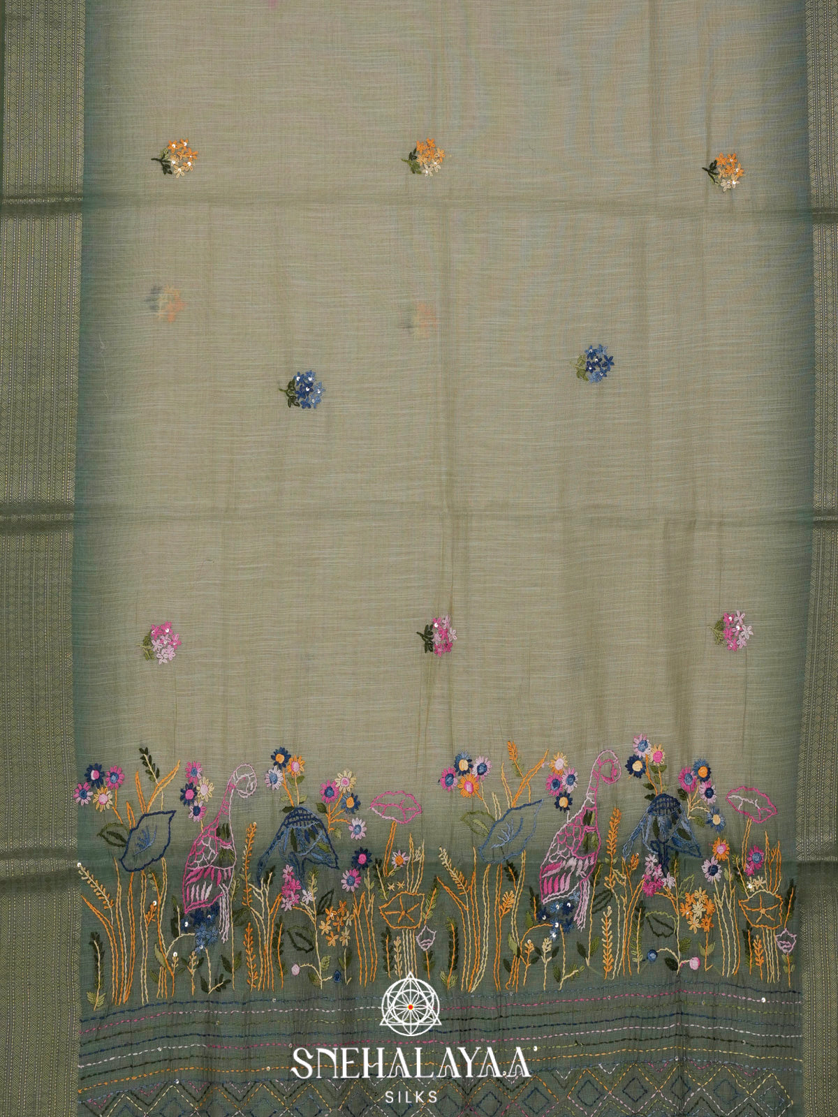Sage Green Linen Embroidery Saree
