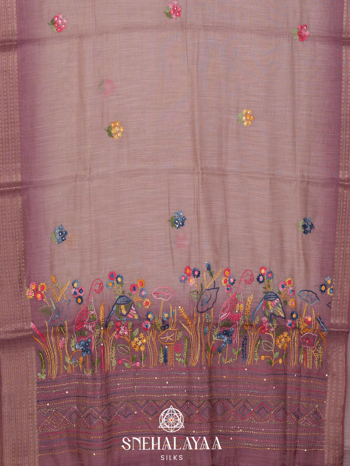 Dusty Mauve Linen Embroidery Saree