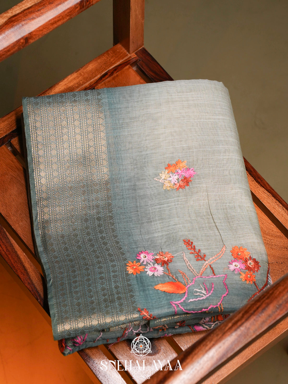 Slate Green Linen Embroidery Saree