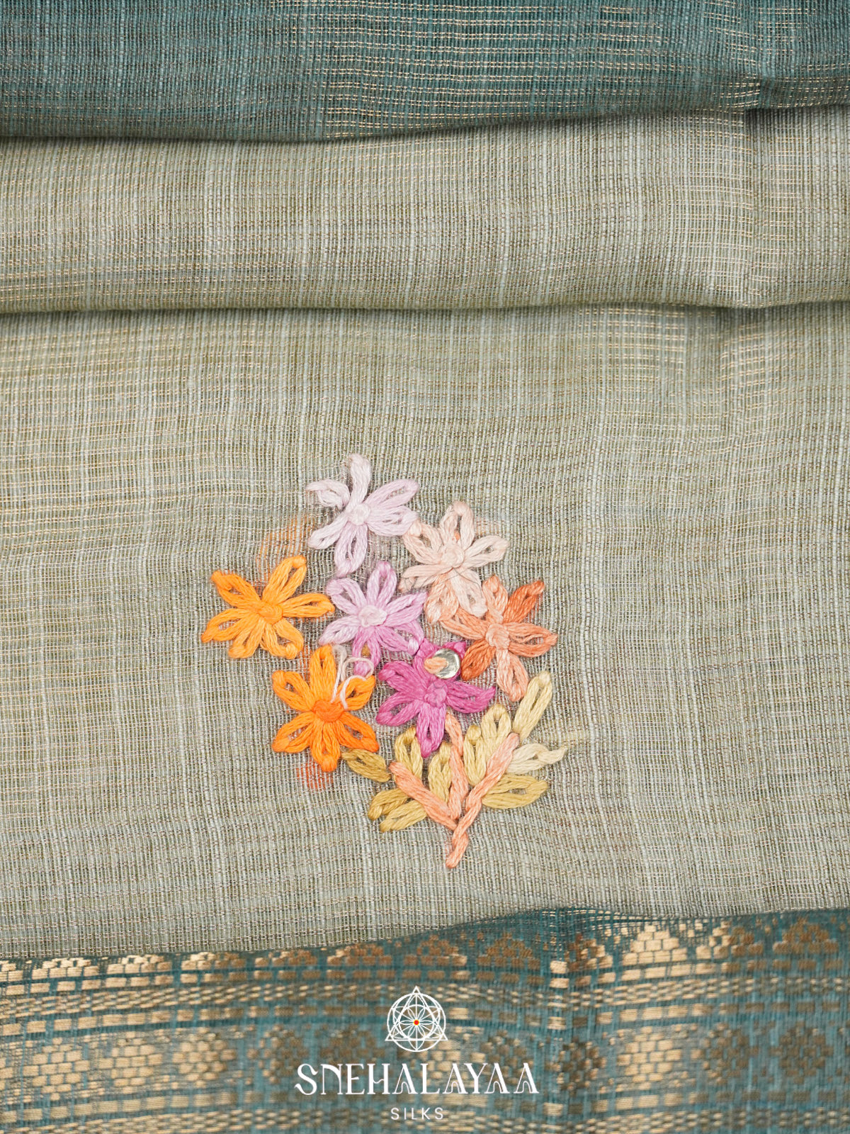 Slate Green Linen Embroidery Saree