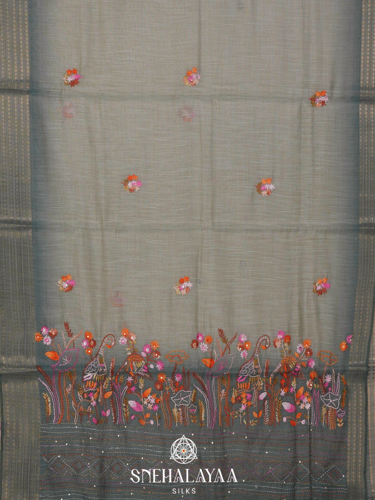 Slate Green Linen Embroidery Saree