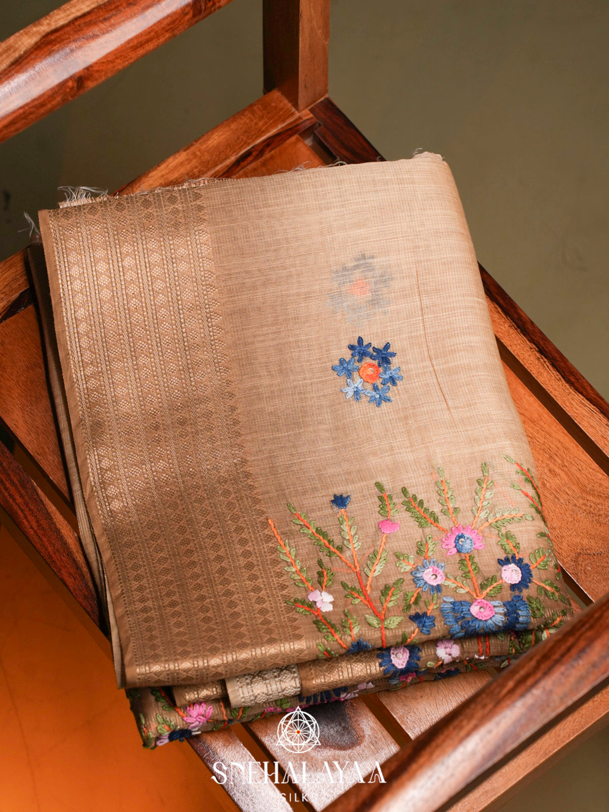 Beige Linen Embroidery Saree