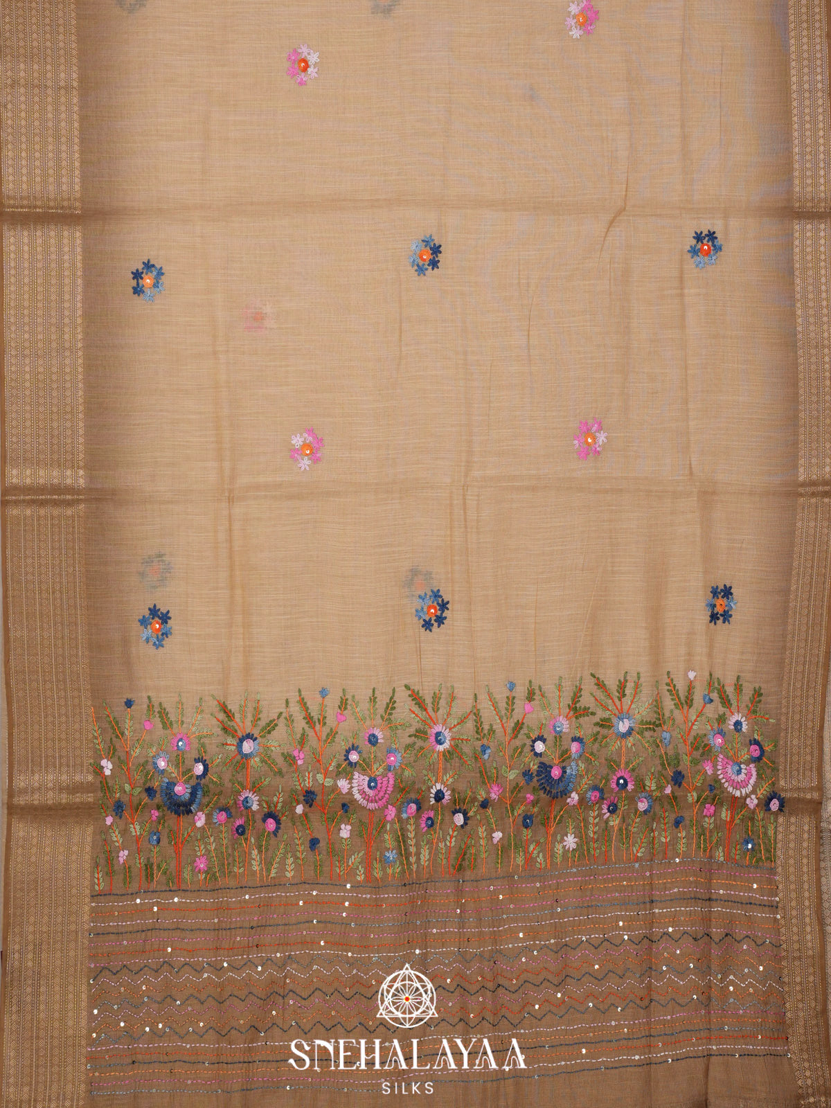 Beige Linen Embroidery Saree