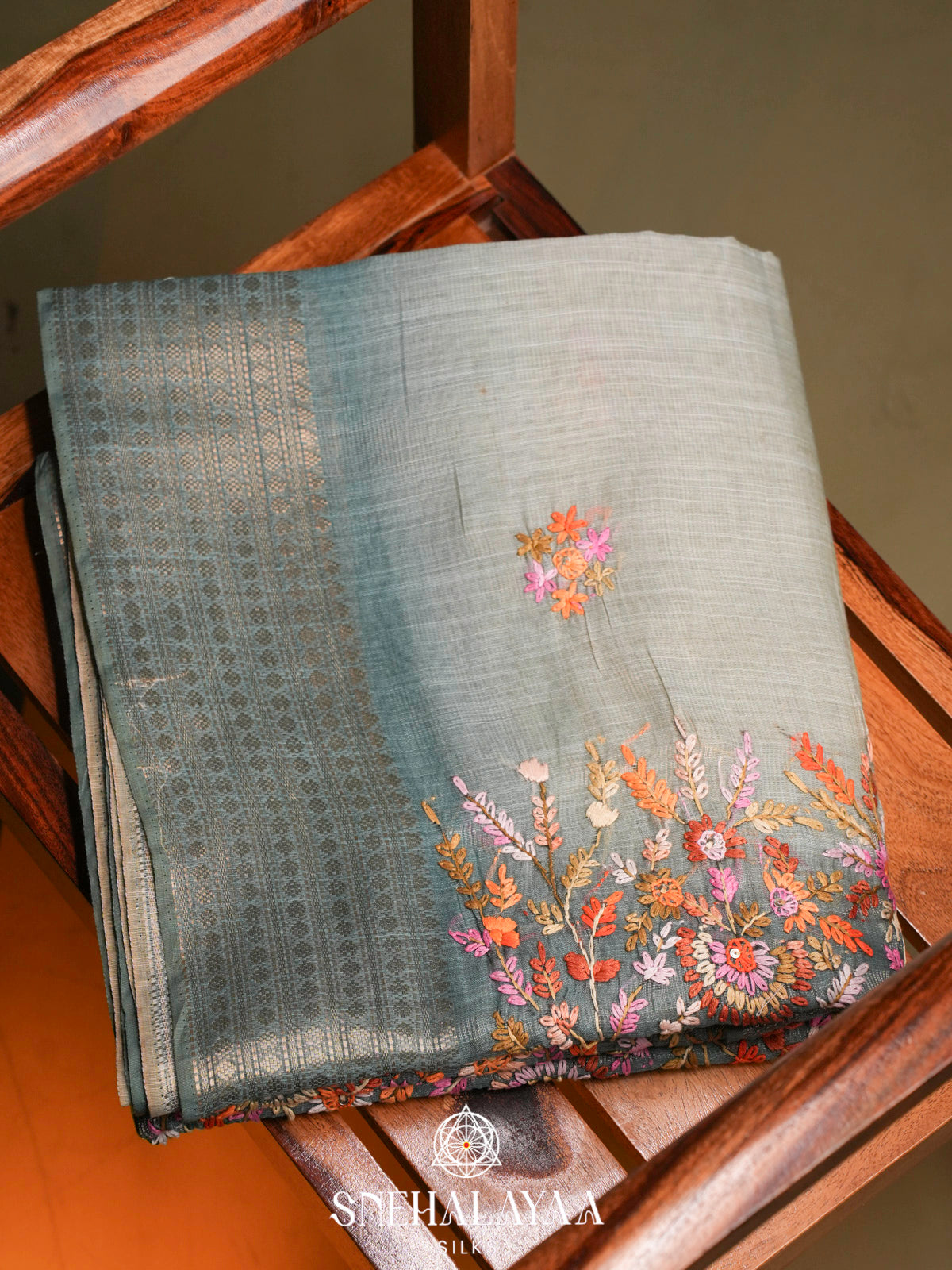 Slate Grey Linen Embroidery Saree