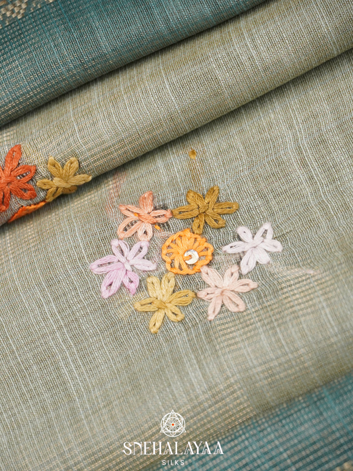 Slate Grey Linen Embroidery Saree