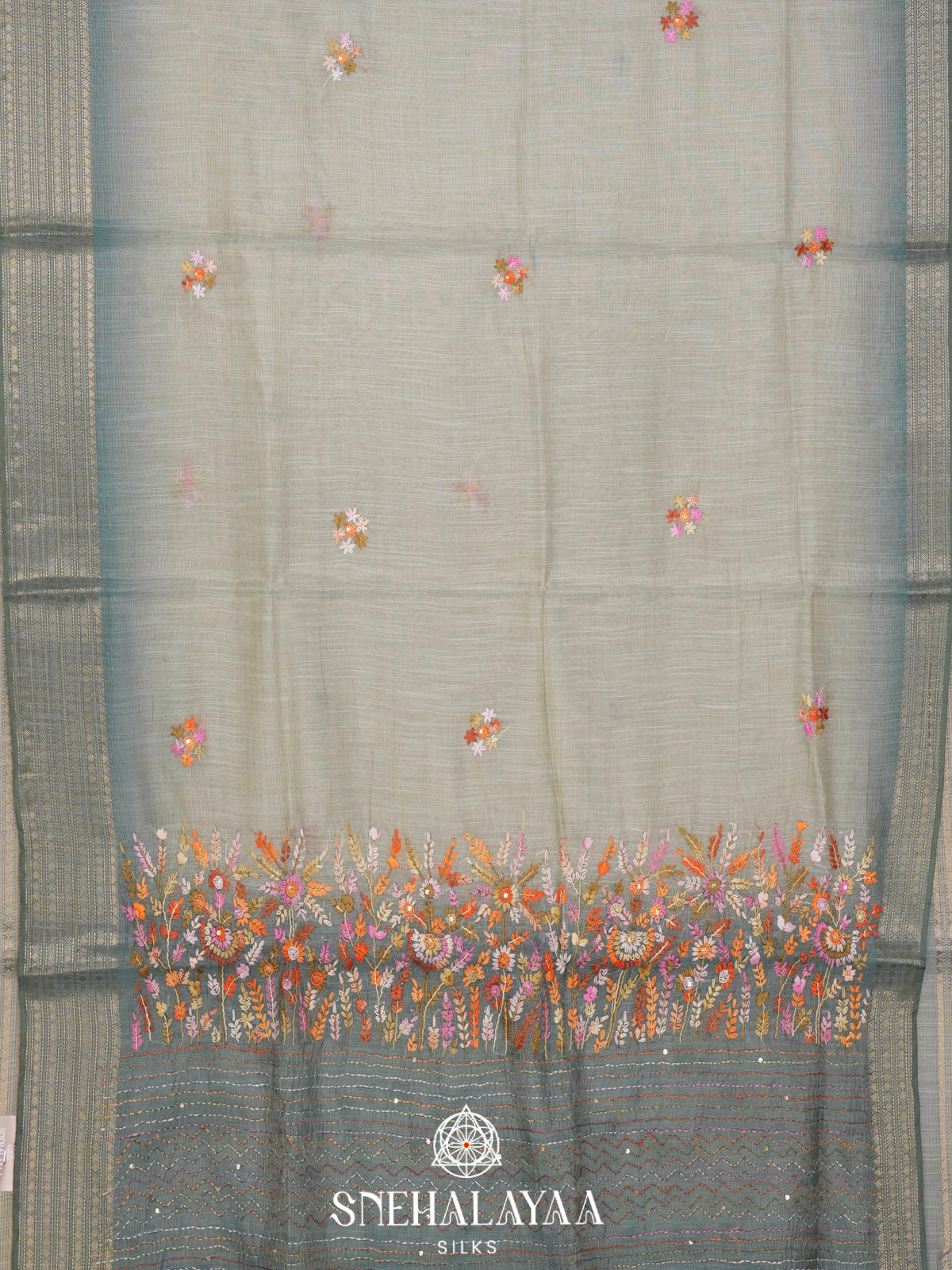 Slate Grey Linen Embroidery Saree
