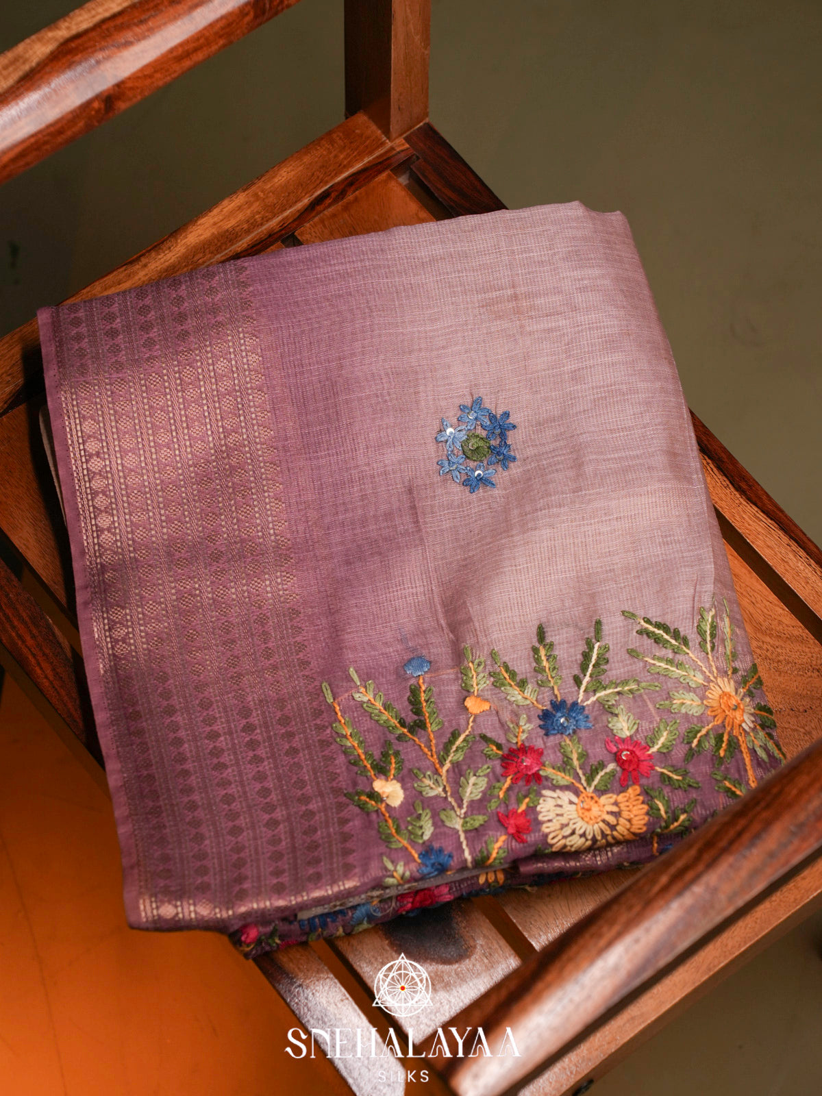 Dusty Mauve Linen Embroidery Saree