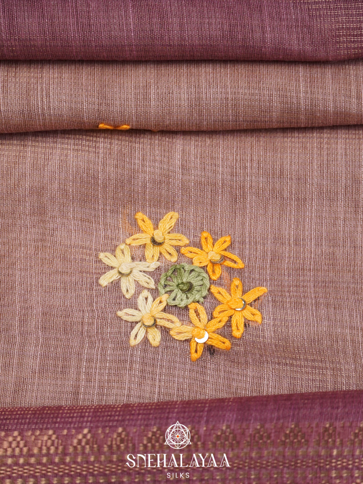Dusty Mauve Linen Embroidery Saree