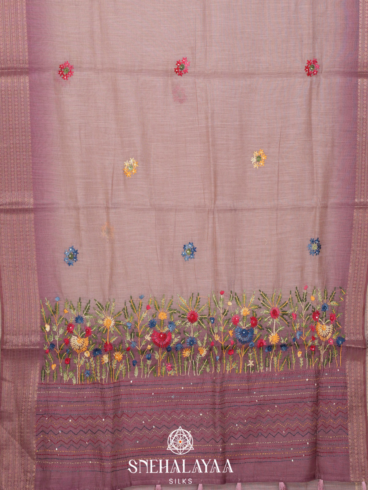 Dusty Mauve Linen Embroidery Saree