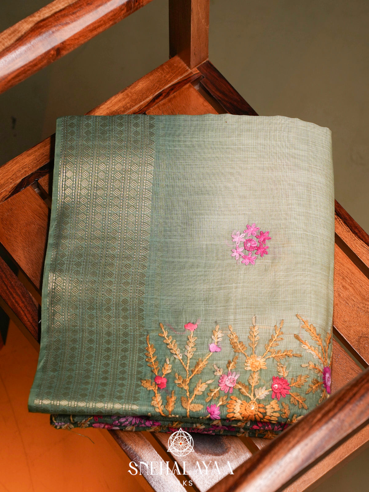 Pale Sage Green Linen Embroidery Saree