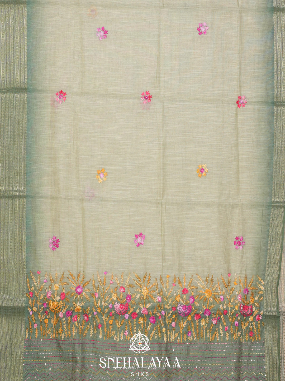 Pale Sage Green Linen Embroidery Saree