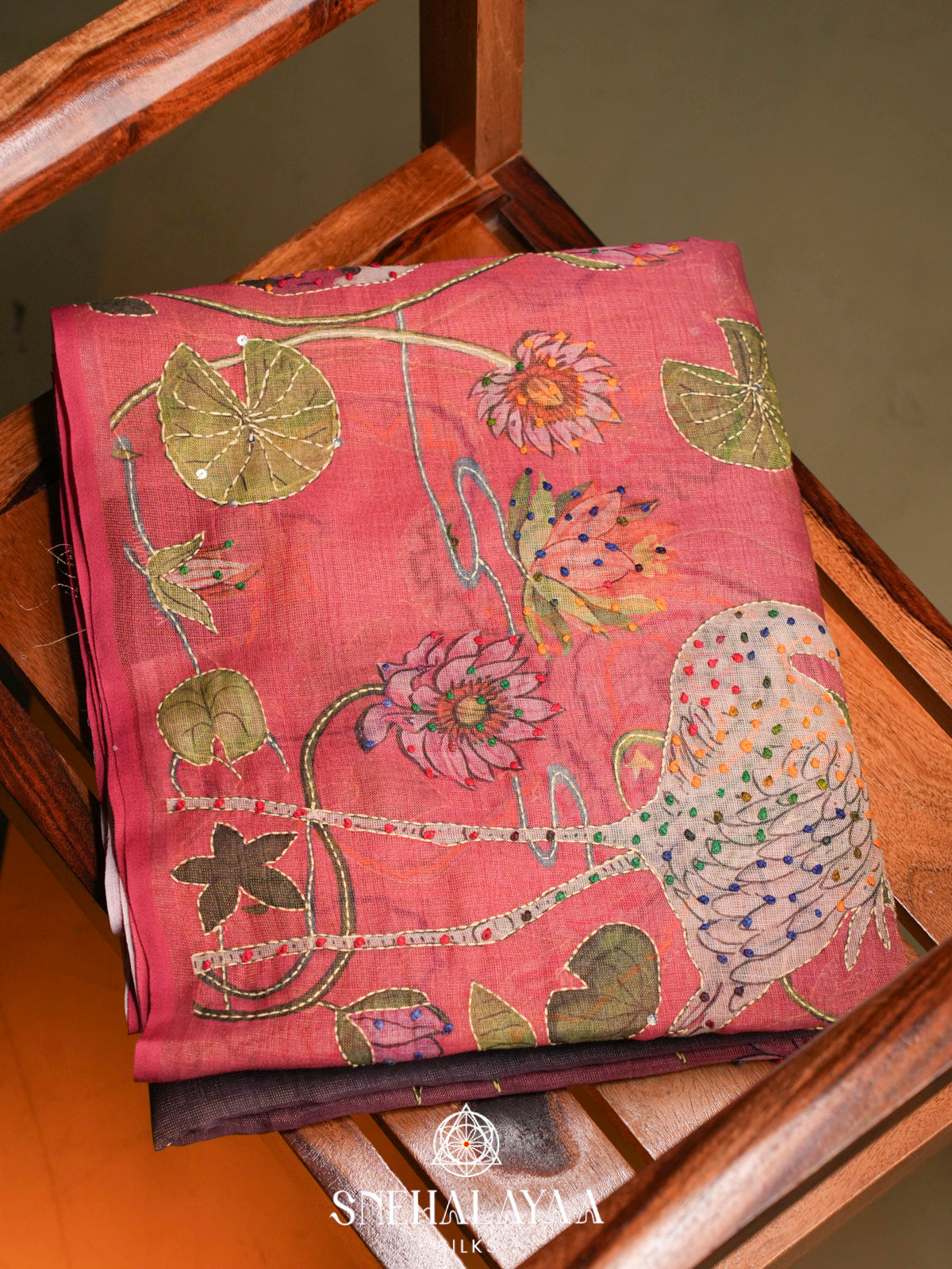 Rose Pink Linen Embroidery Saree