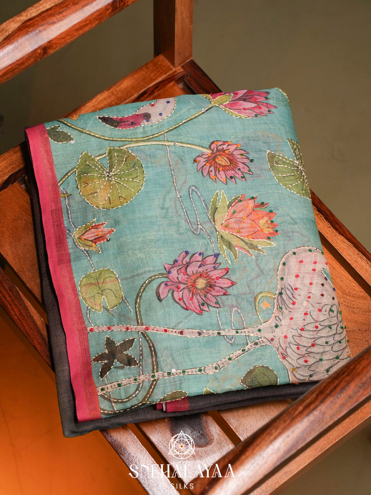 Aqua Blue Linen Embroidery Saree