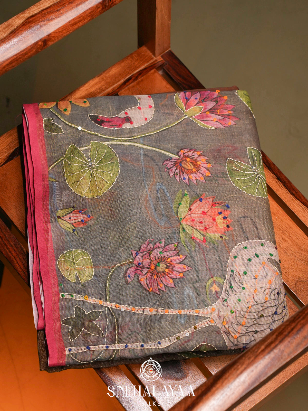 Slate Grey Linen Embroidery Saree