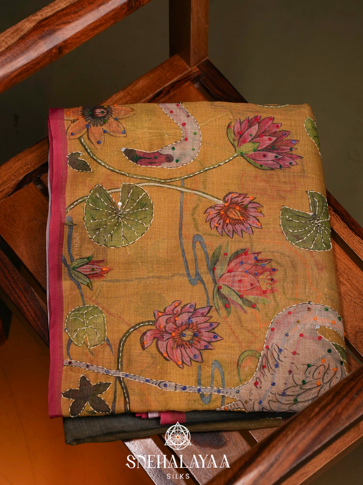 Mustard Gold Linen Embroidery Saree