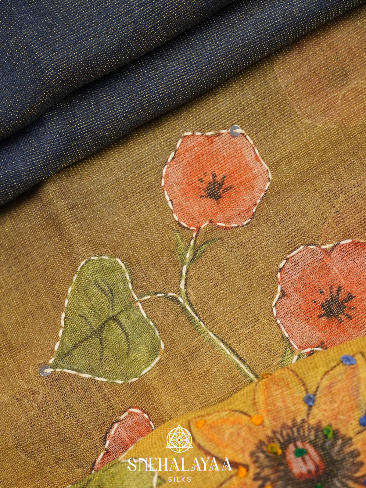 Mustard Gold Linen Embroidery Saree