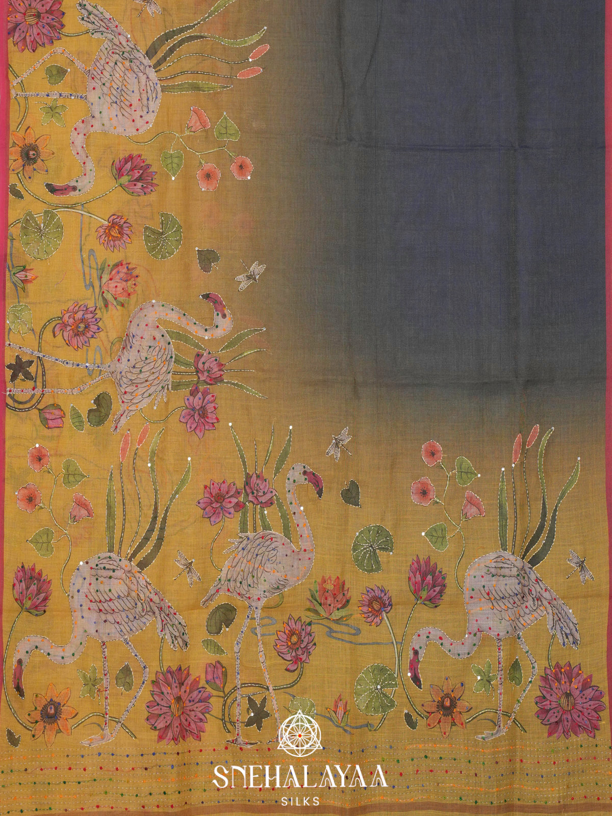 Mustard Gold Linen Embroidery Saree
