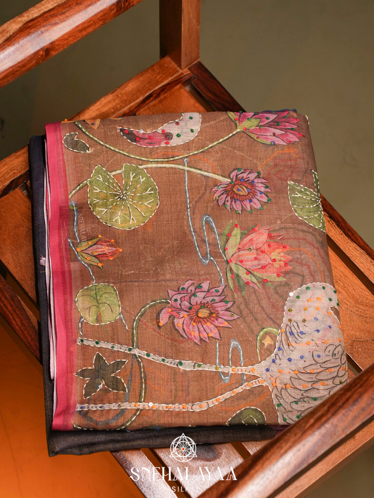 Coffee Brown Linen Embroidery Saree