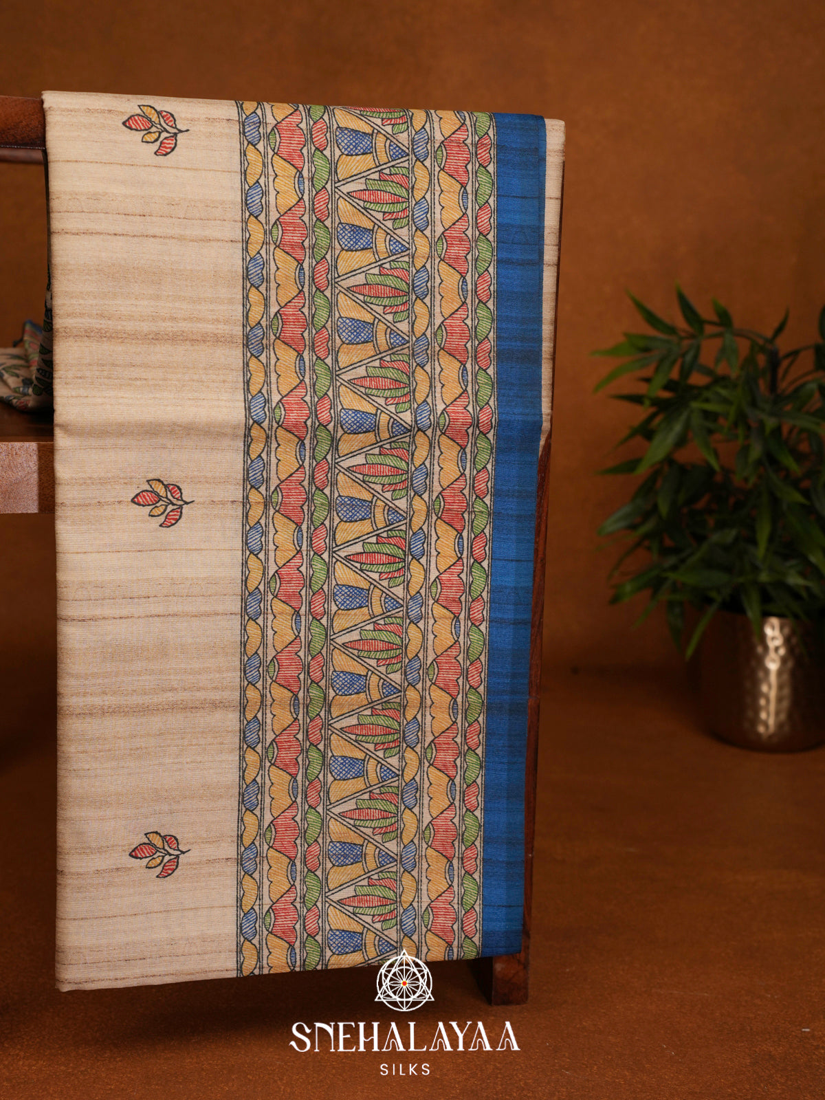 Beige Madhubani Printed Tussar Saree with Royal Blue Border