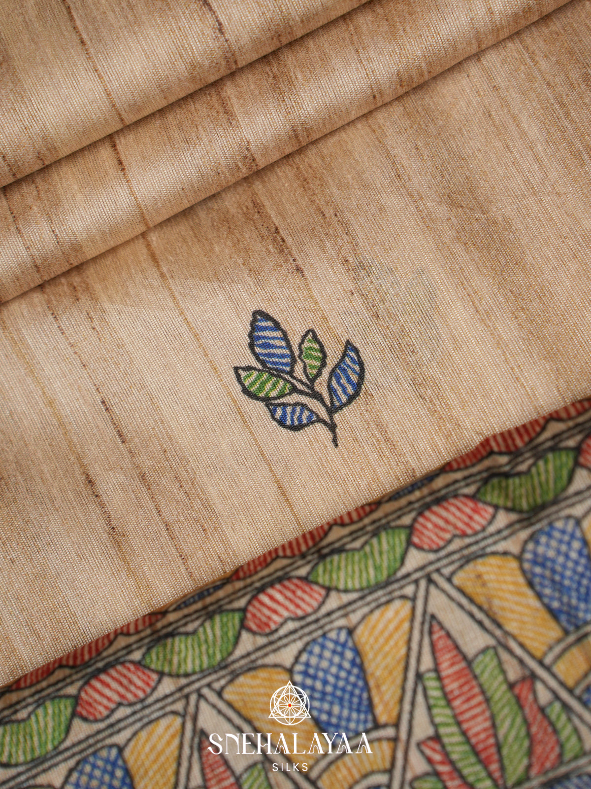 Beige Madhubani Printed Tussar Saree with Royal Blue Border