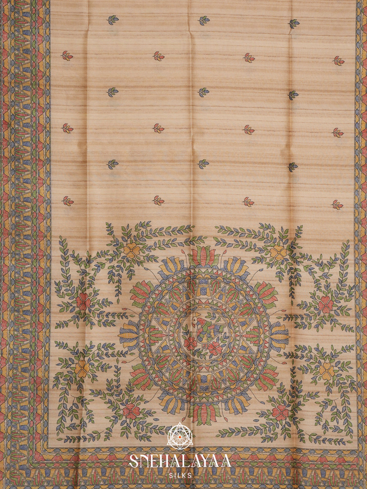 Beige Madhubani Printed Tussar Saree with Royal Blue Border