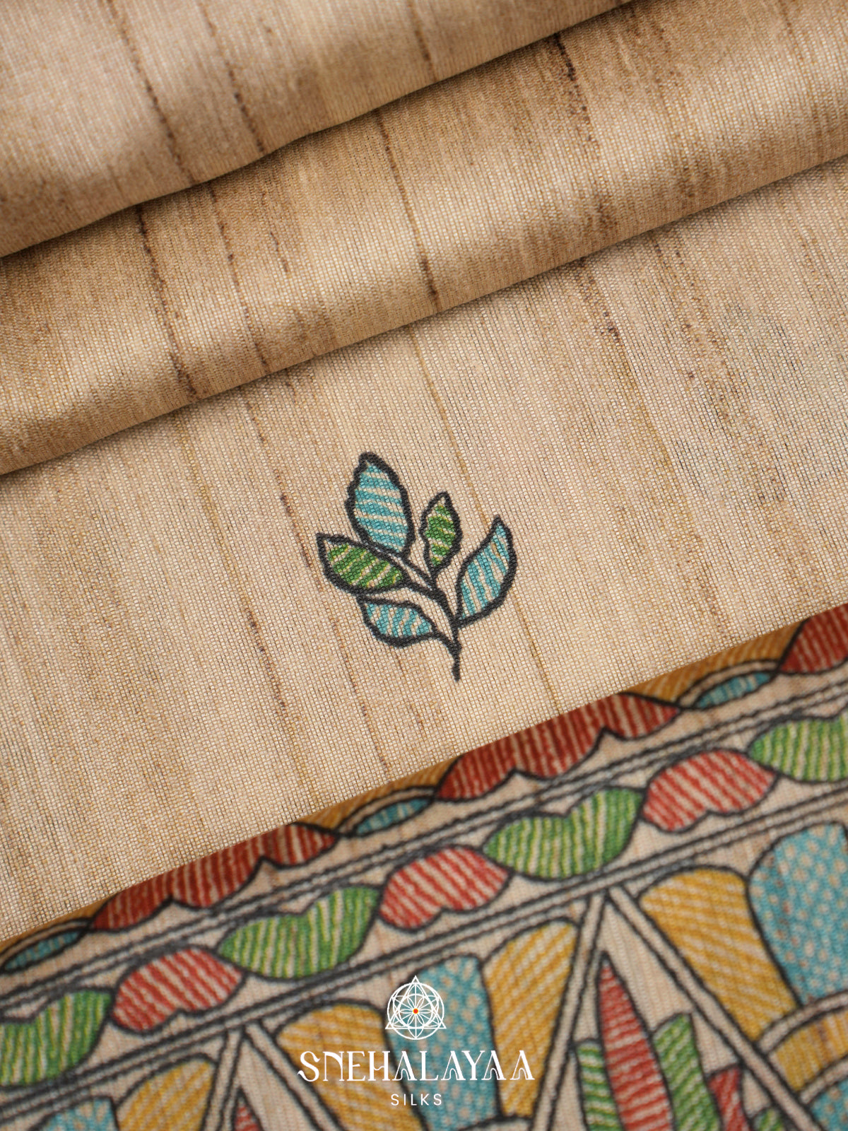 Beige Madhubani Printed Tussar Saree with Teal Blue Border