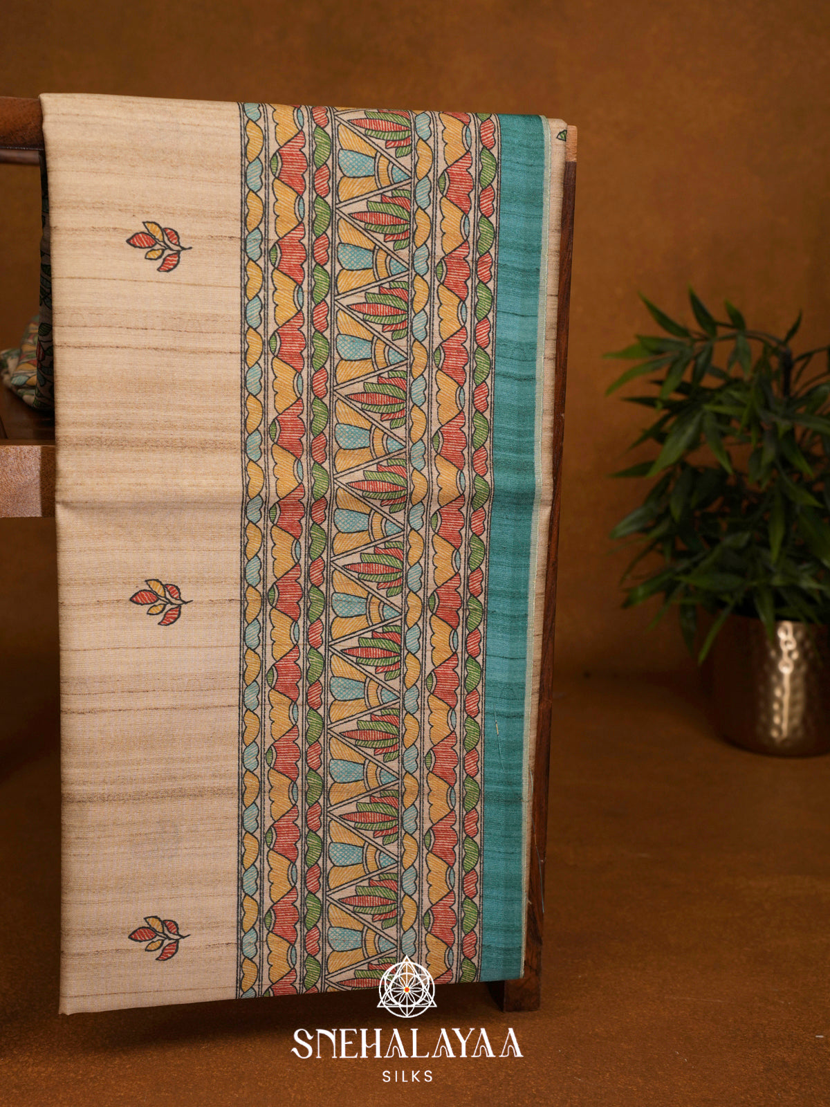 Beige Madhubani Printed Tussar Saree with Teal Border