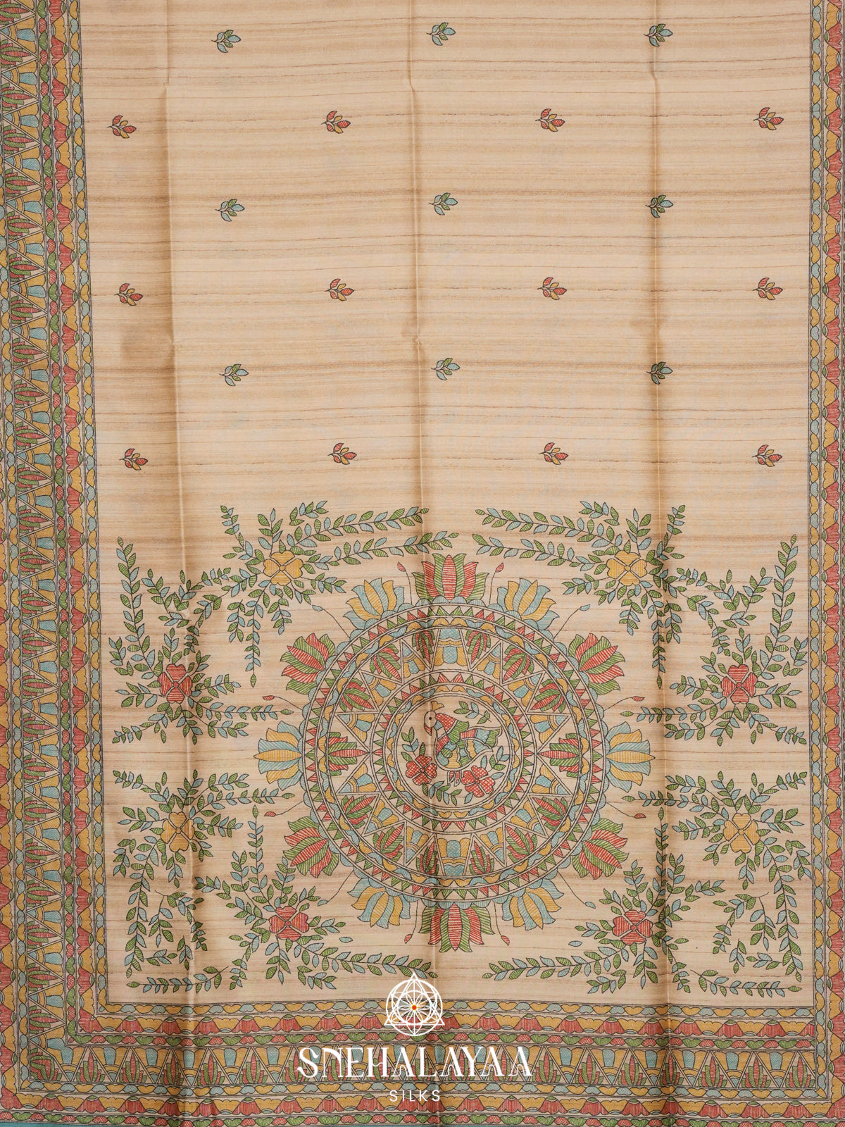 Beige Madhubani Printed Tussar Saree with Teal Border