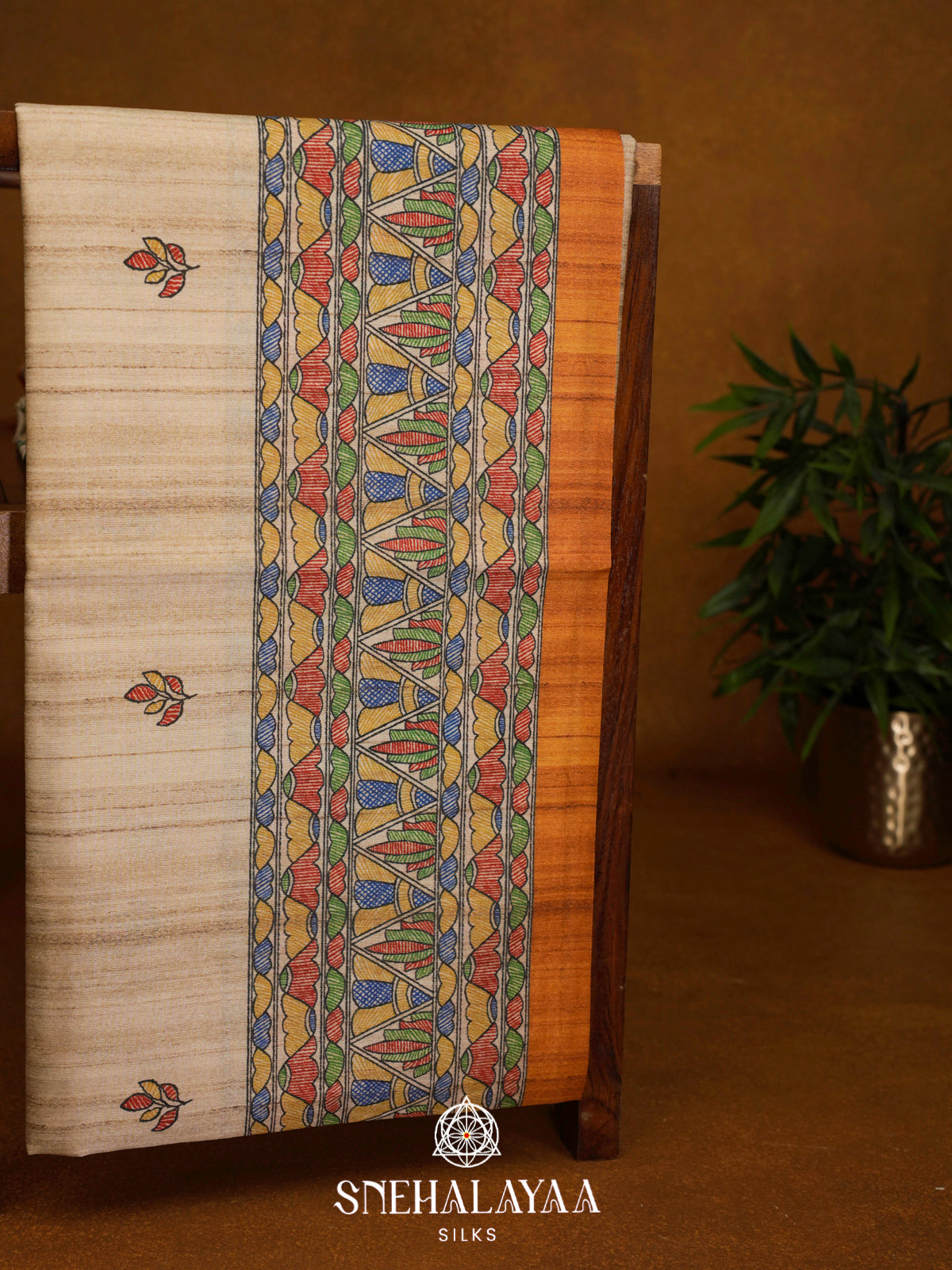 Beige Madhubani Printed Tussar Saree with Yellow Border