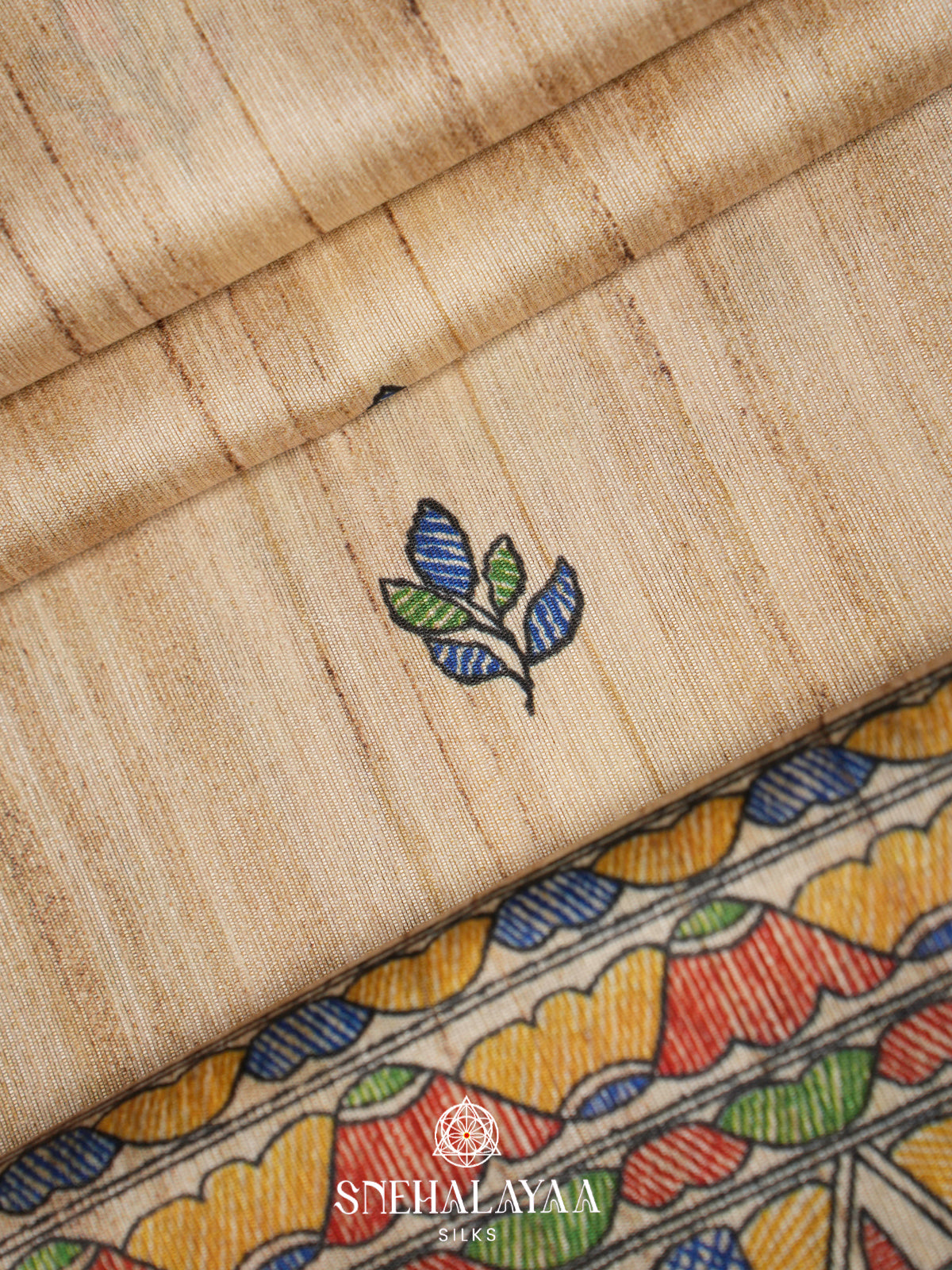 Beige Madhubani Printed Tussar Saree with Yellow Border