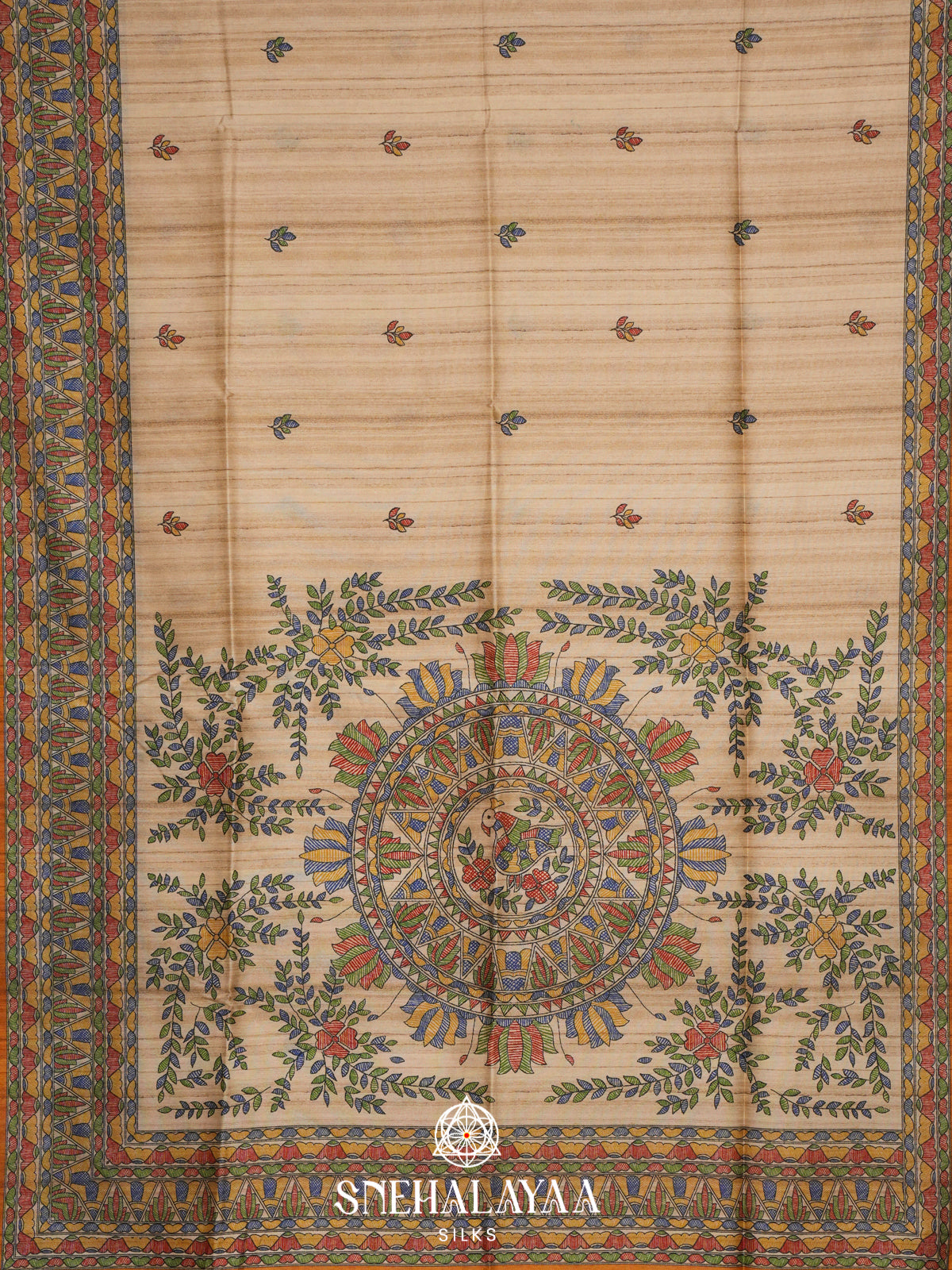 Beige Madhubani Printed Tussar Saree with Yellow Border