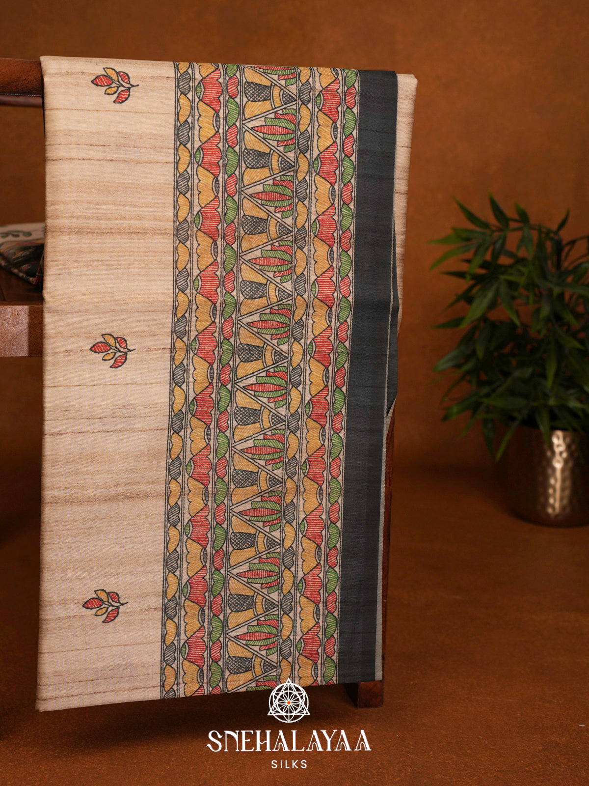 Beige Madhubani Printed Tussar Saree with Black Border