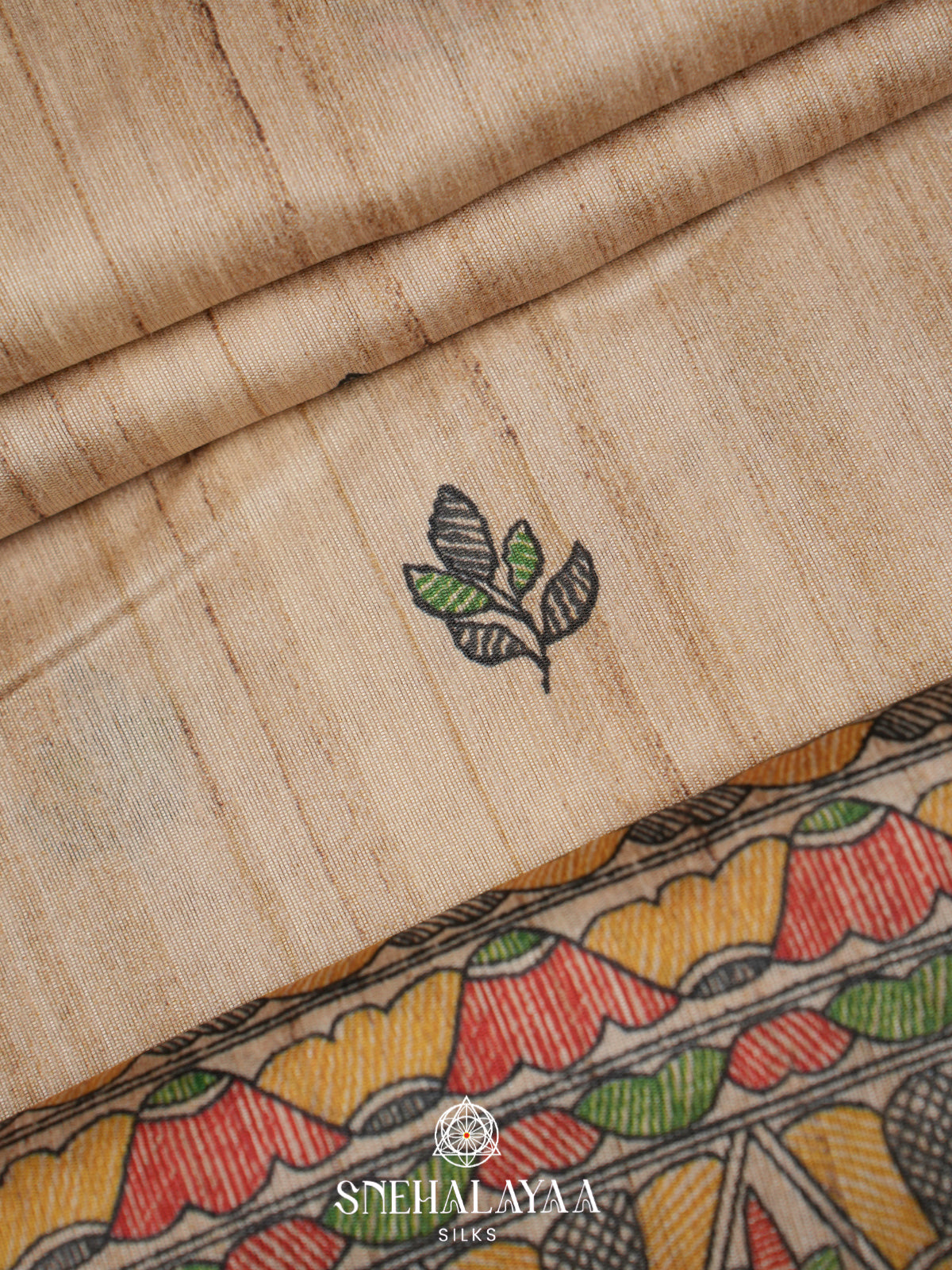 Beige Madhubani Printed Tussar Saree with Black Border