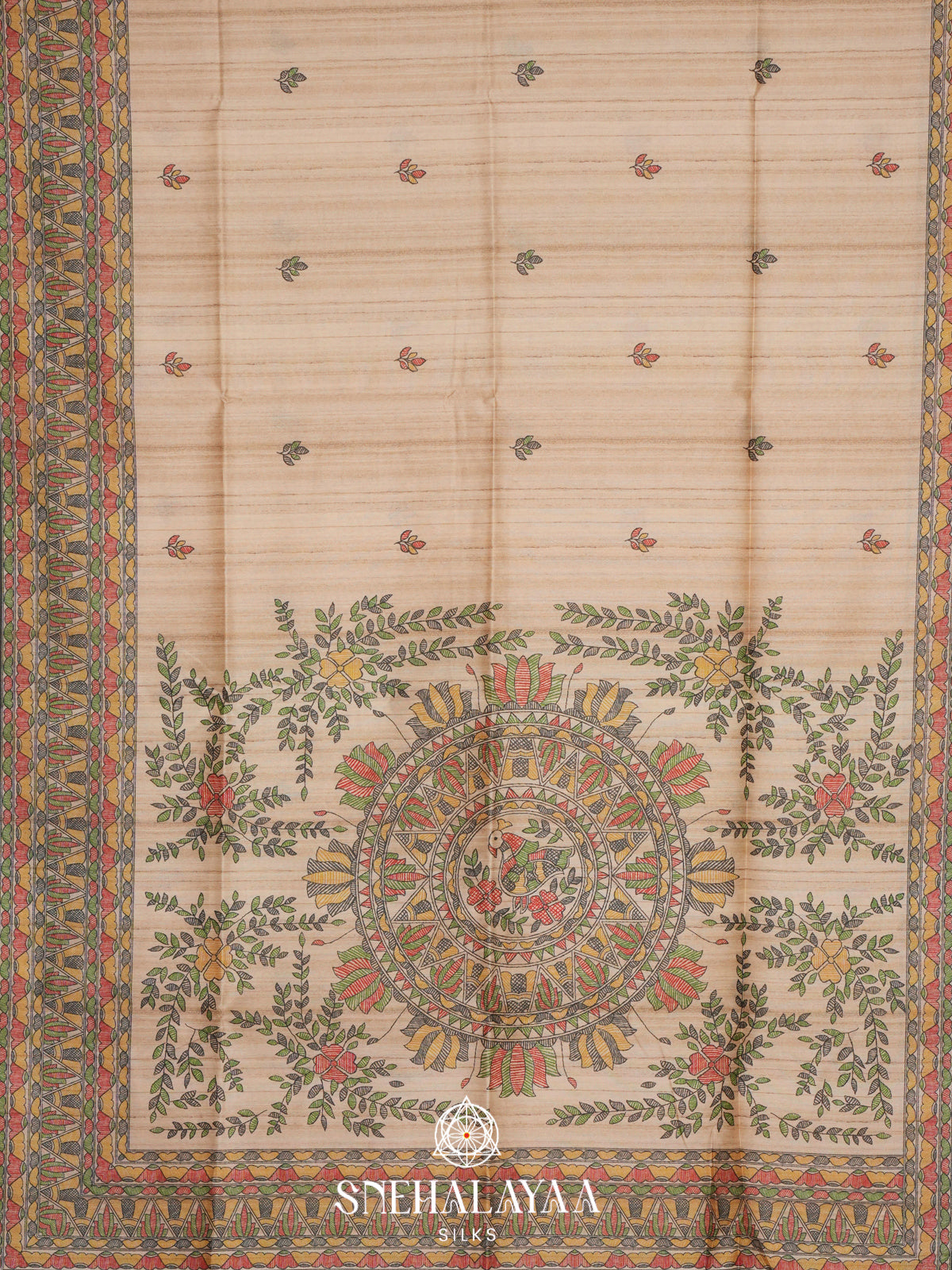 Beige Madhubani Printed Tussar Saree with Black Border