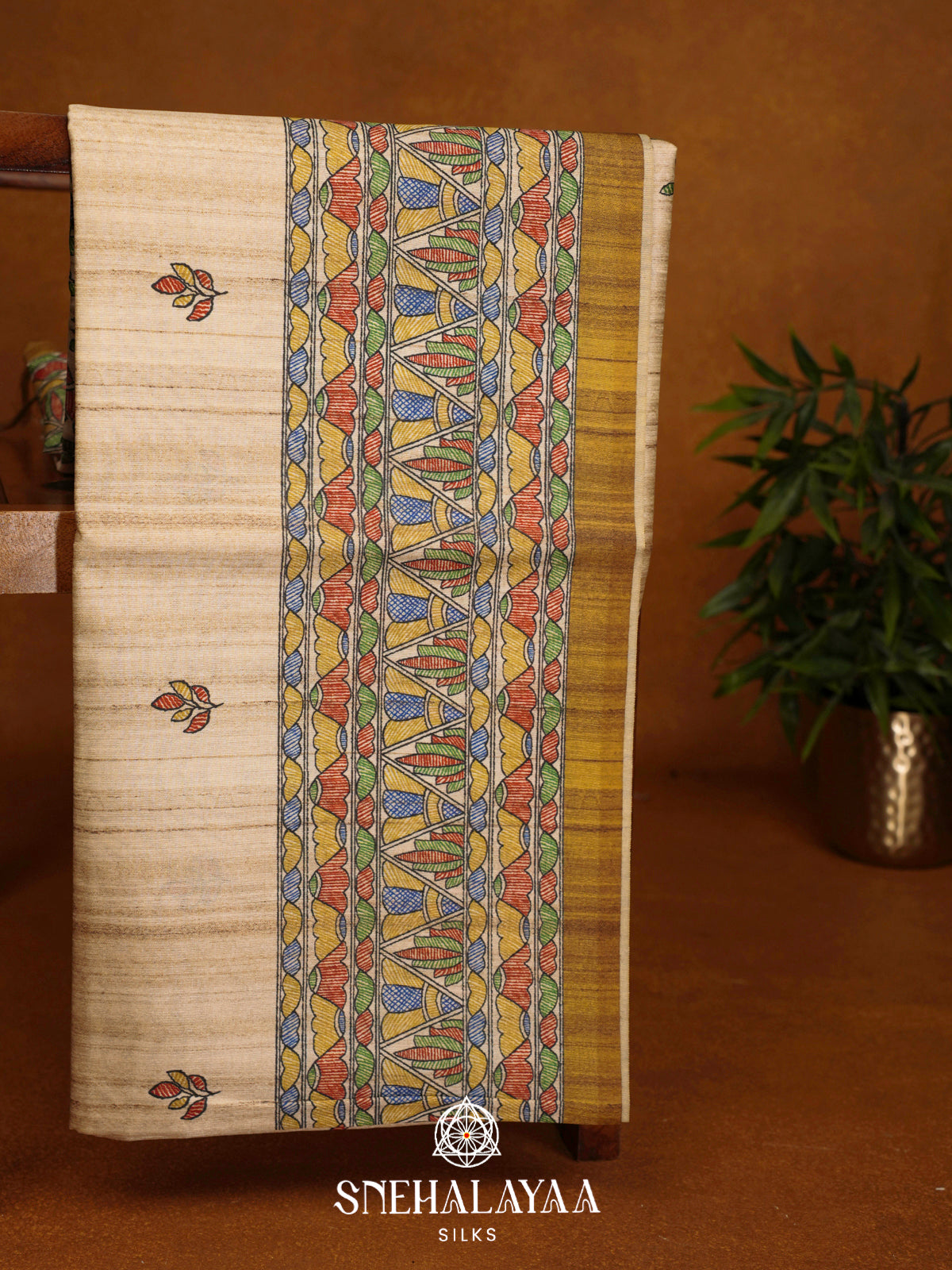 Beige Madhubani Printed Tussar Saree with Lime Green Border