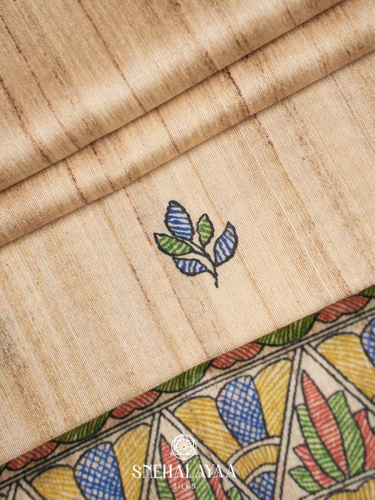 Beige Madhubani Printed Tussar Saree with Lime Green Border
