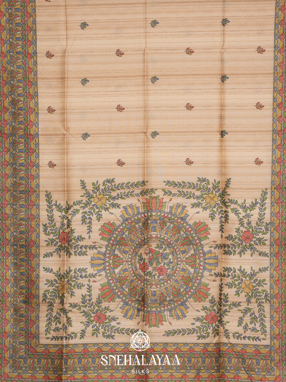 Beige Madhubani Printed Tussar Saree with Lime Green Border