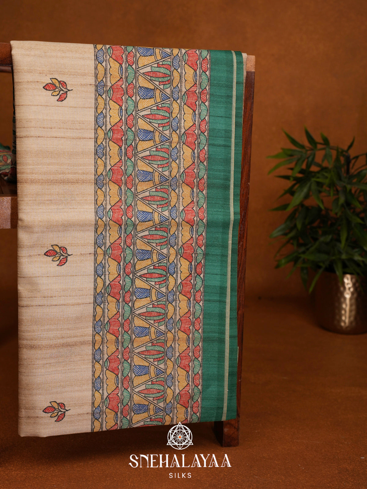Beige Madhubani Printed Tussar Saree with Green Border