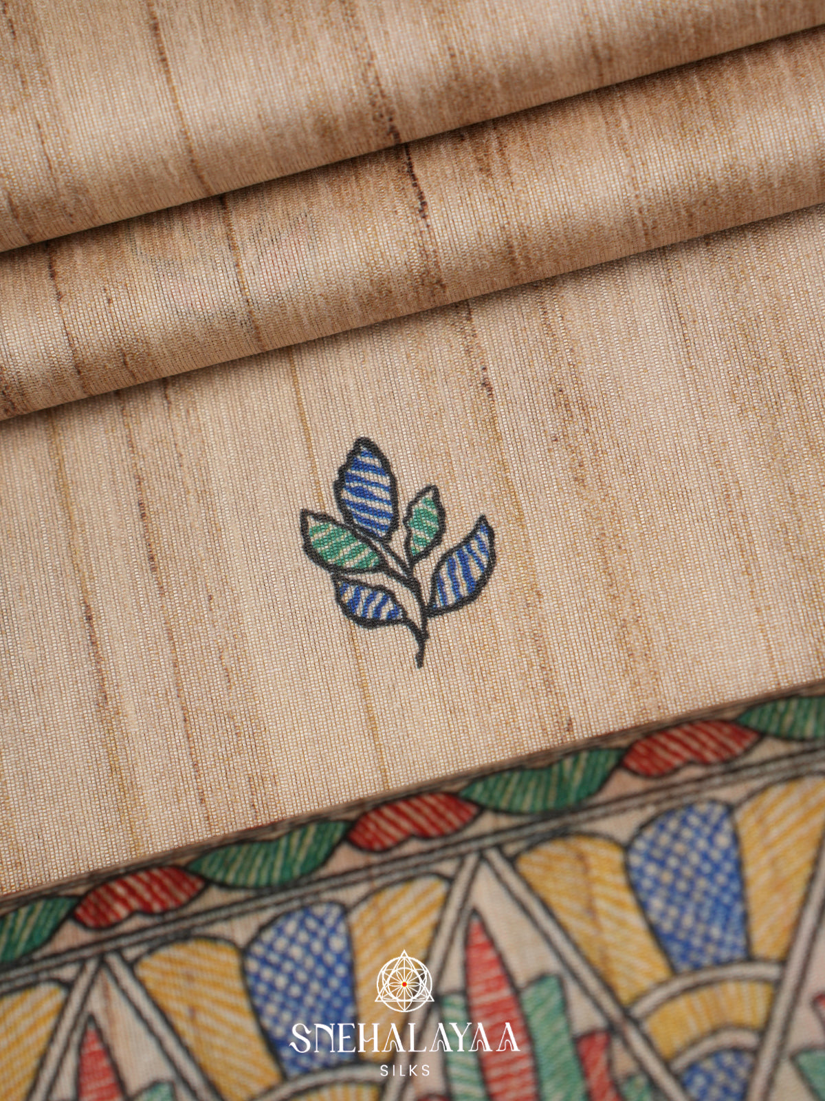 Beige Madhubani Printed Tussar Saree with Green Border