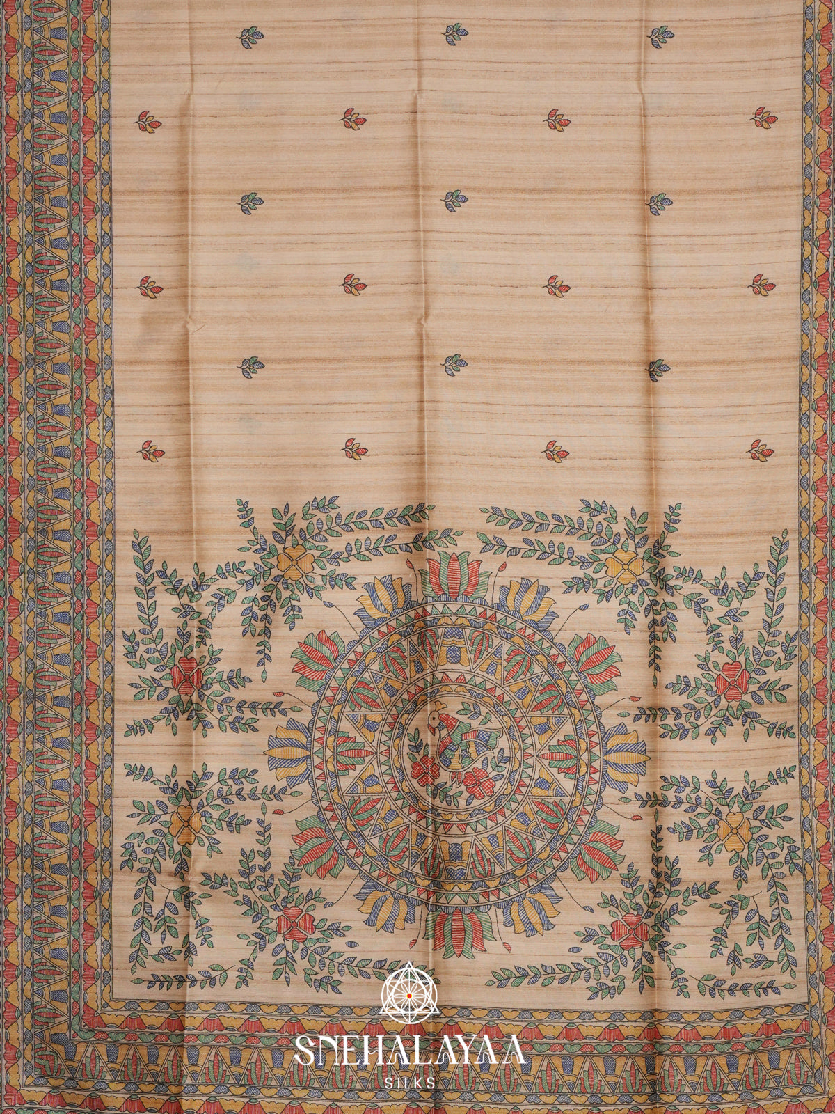 Beige Madhubani Printed Tussar Saree with Green Border
