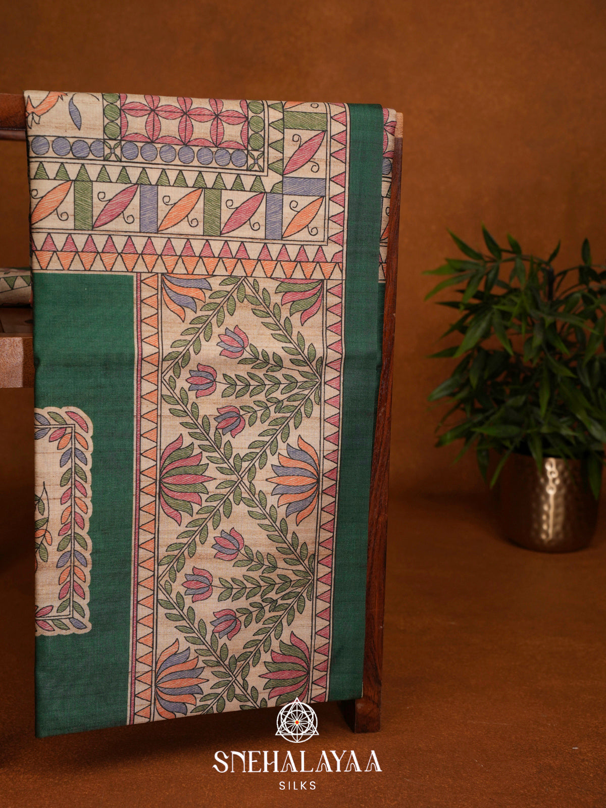 Green Madhubani Printed Tussar Saree