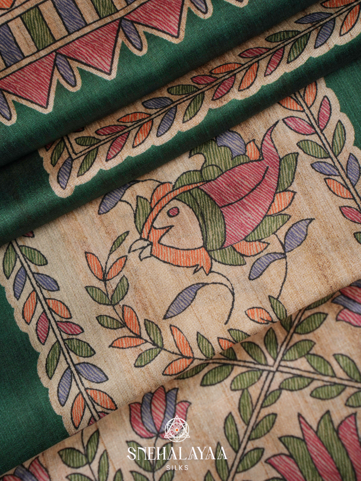 Green Madhubani Printed Tussar Saree