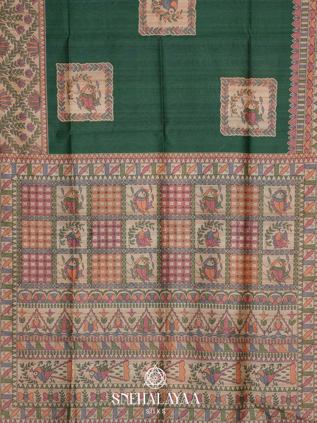 Green Madhubani Printed Tussar Saree