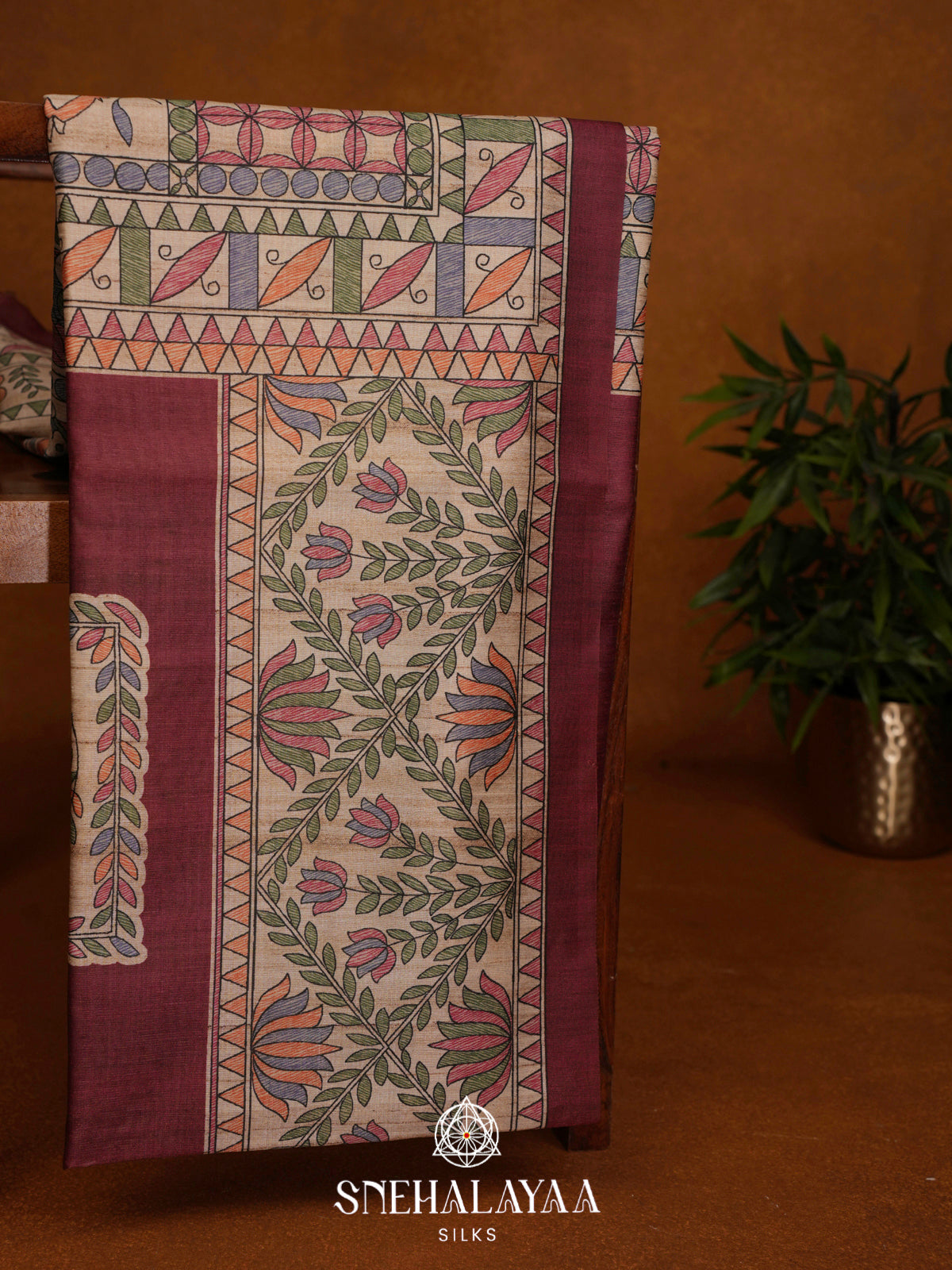 Burgundy Madhubani Printed Tussar Saree