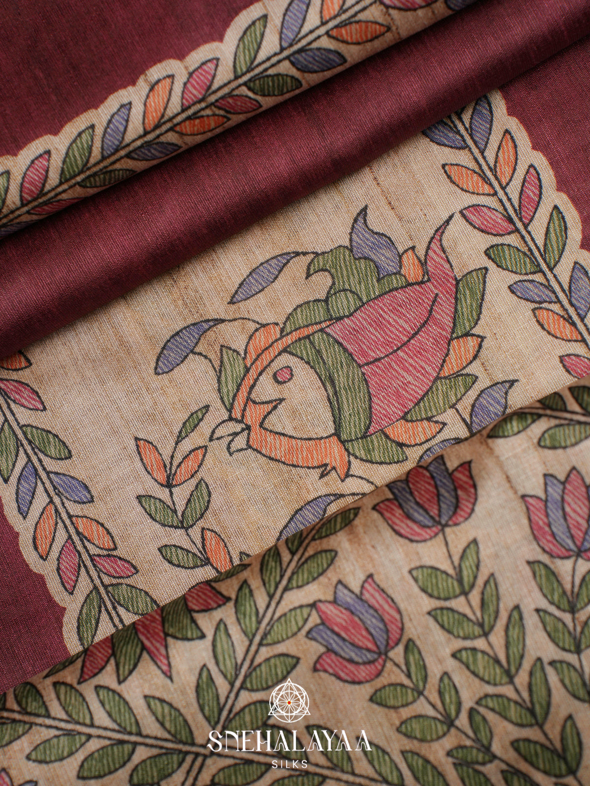 Burgundy Madhubani Printed Tussar Saree