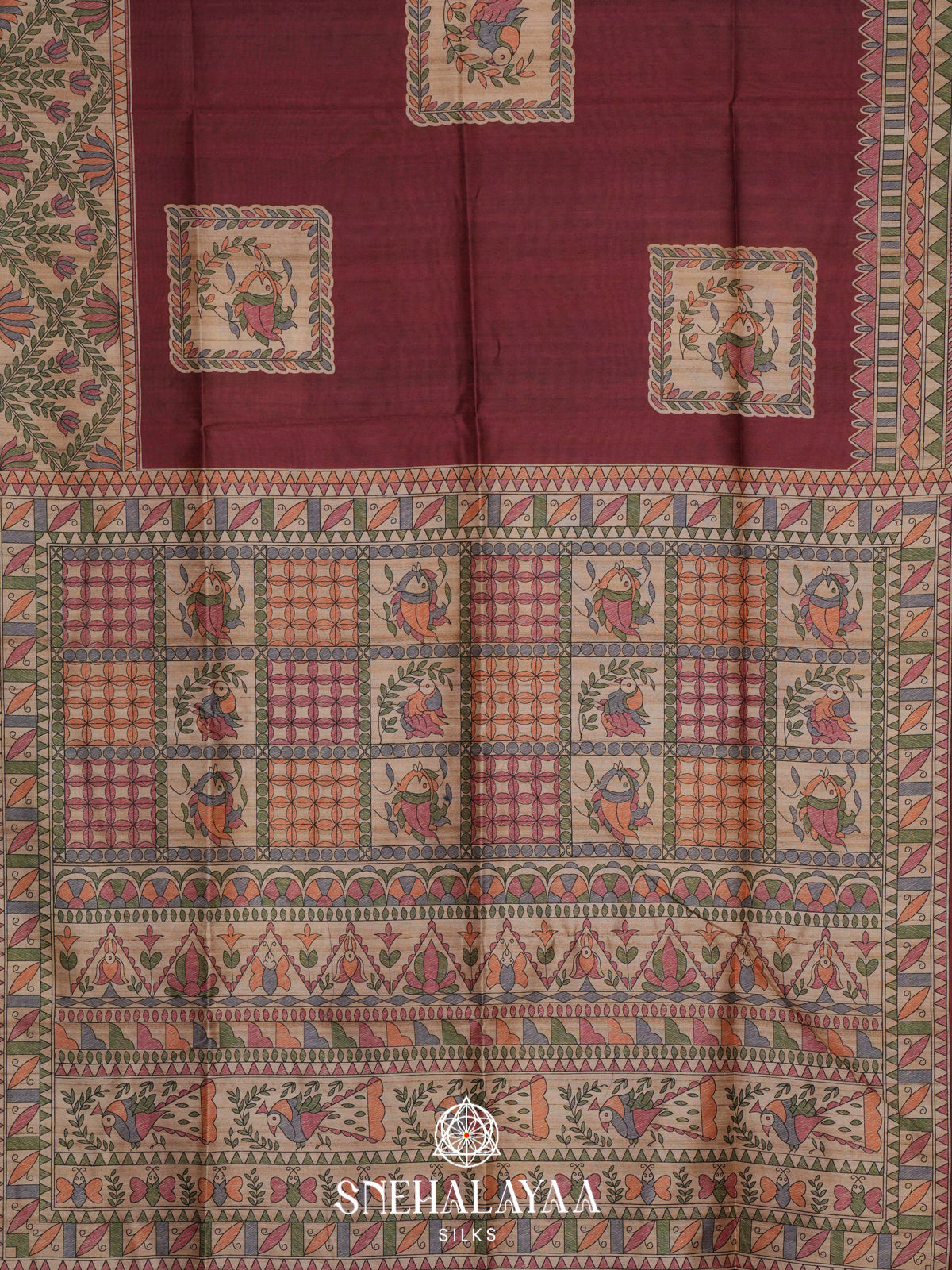 Burgundy Madhubani Printed Tussar Saree